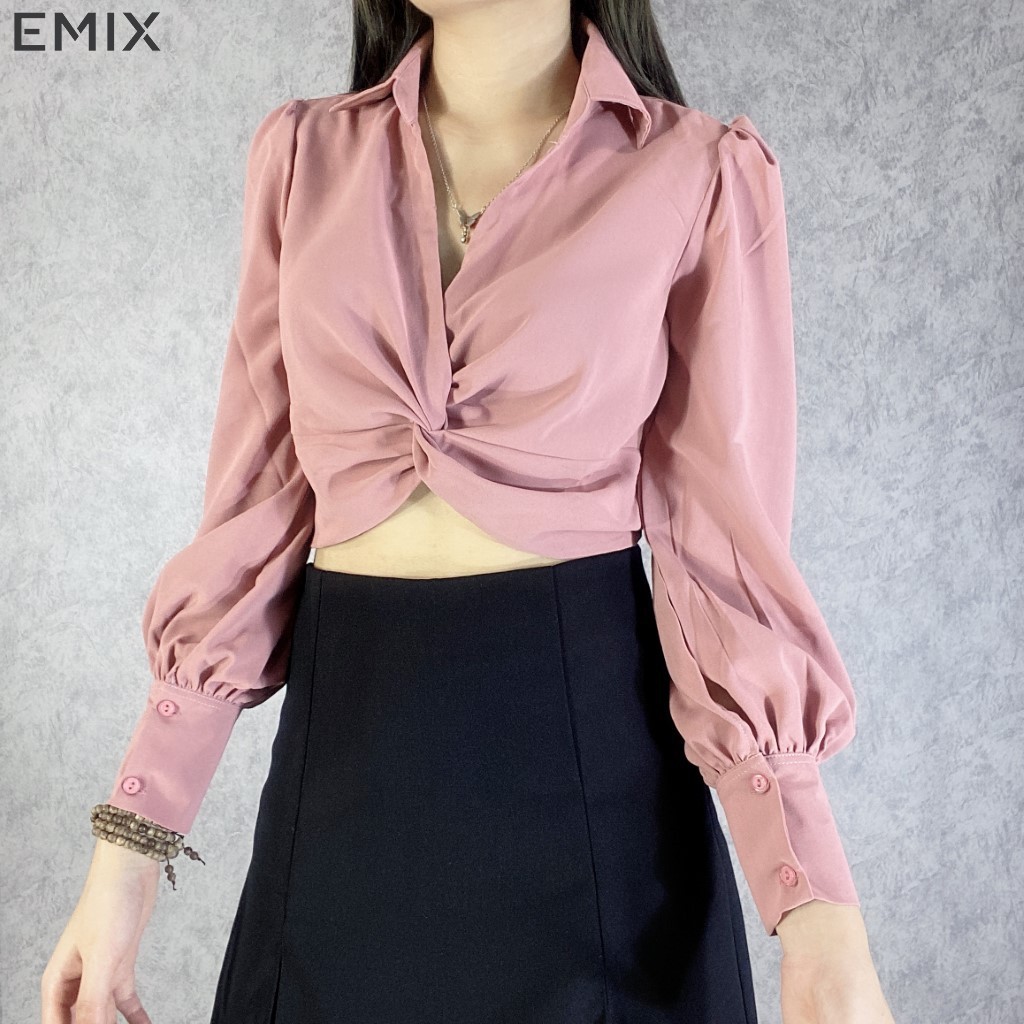 Áo sơ mi nữ xoắn eo EMIX (màu hồng), croptop, dài tay, không có cúc, bồng, vải lụa, mềm mịn, không nhăn