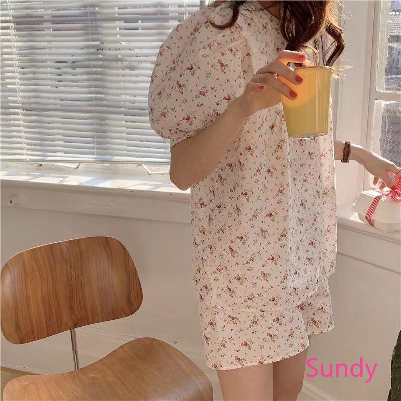 Đồ Ngủ Tay Ngắn In Hoa Kiểu Hàn Quốc Thời Trang Mùa Hè Cho Nữ