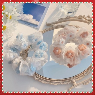 Scrunchies cột tóc vải lưới lin thêu hoa dễ thương