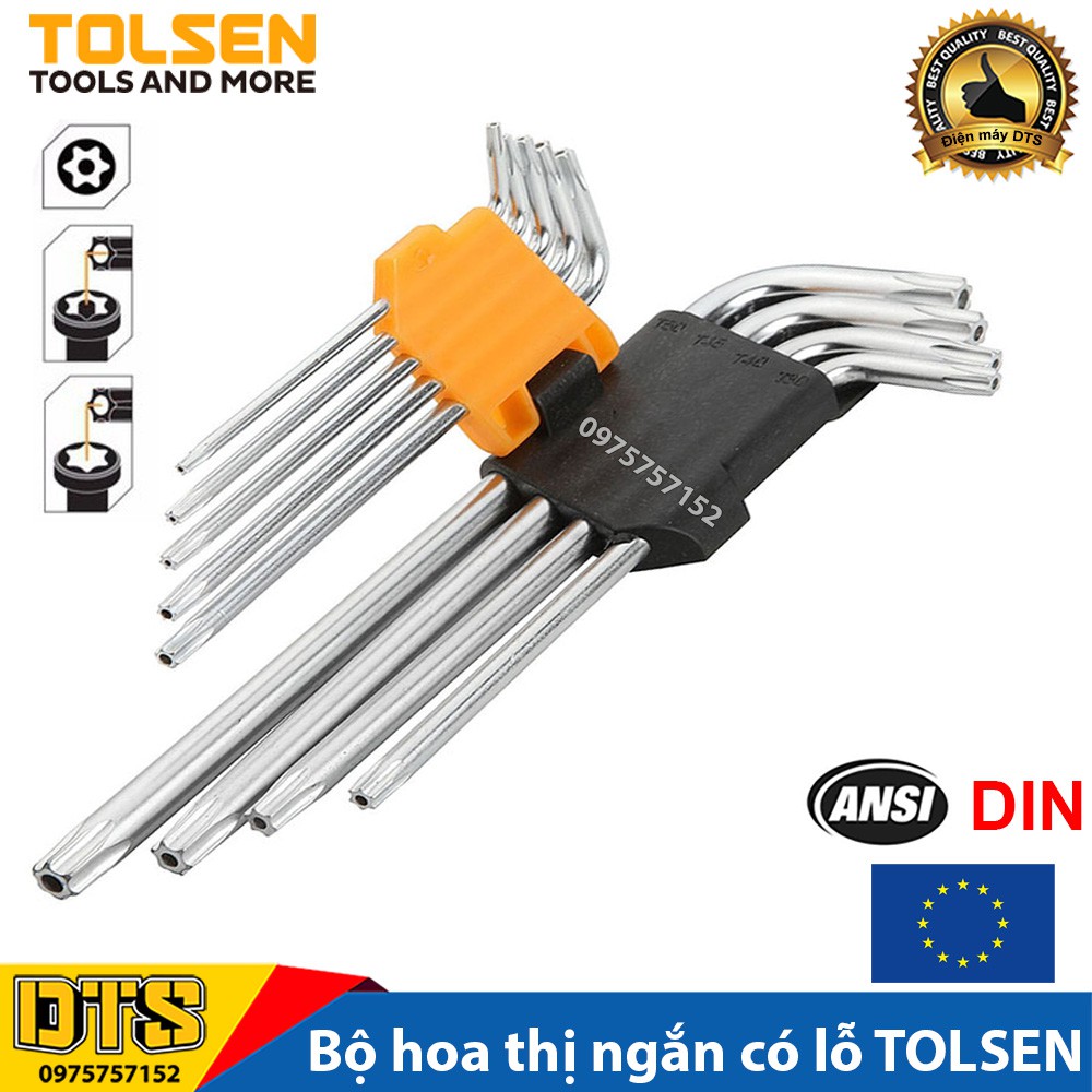 Bộ lục giác hoa thị ngắn có lỗ TOLSEN 9 chi tiết T10 - T50, bộ lục giác bông thép CrV - Tiêu chuẩn xuất khẩu Châu Âu