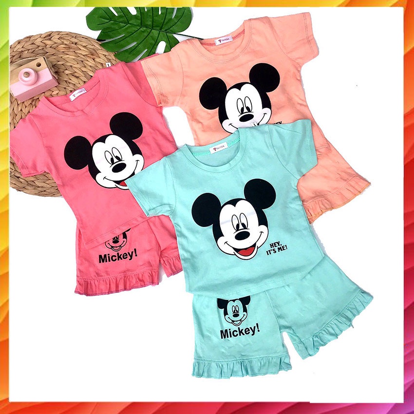 Set đồ cho bé gái, Đồ bộ bé gái tay ngắn mặc nhà MICKEY đồ bộ trẻ em mùa hè cho bé gái cộc tay thun cotton Tanosa Kids