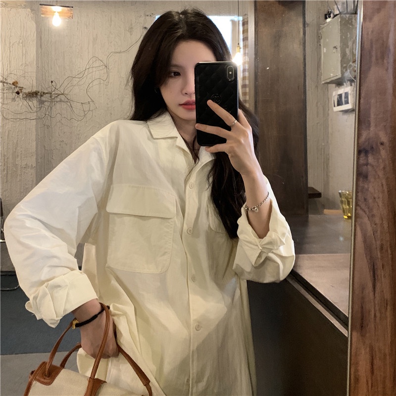 Áo Sơ Mi Trắng Tay Dài Dáng Rộng Cổ Polo Thời Trang Cho Nữ