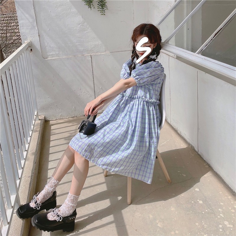 ORDER Váy babydoll kẻ caro tay phồng búp bê Nhật bản dáng ngắn mùa hè