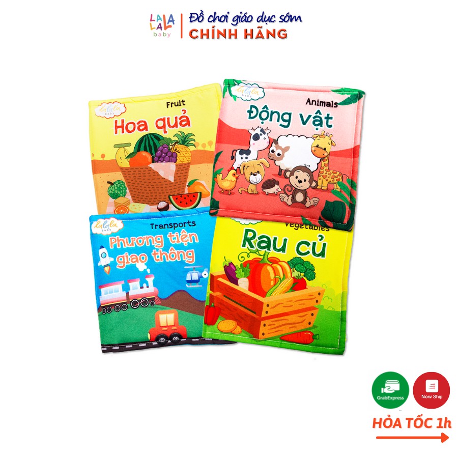 Combo 4 cuốn sách vải Lalala baby, kích thích đa giác quan, kích thước 15x15cm 12 trang (rau củ, hoa quả, PTGT, ĐV)