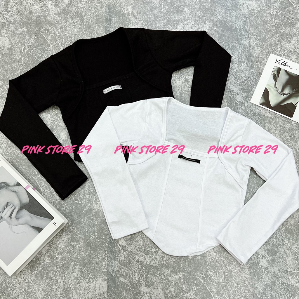 Áo Croptop Tay Dài PINKSTORE29 Ôm Body Vạt Bầu Cổ Vuông Kèm Tag A5453