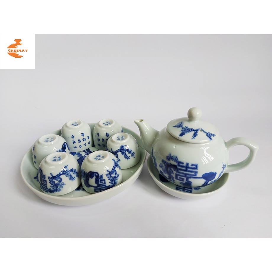 Bộ ấm chén giả cổ men lam cảnh mai cài thọ