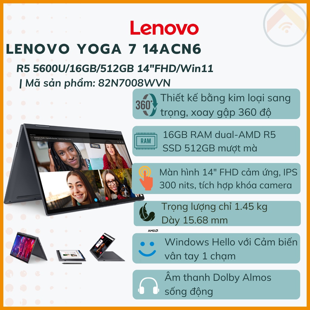Laptop cao cấp 2 in 1 Lenovo Yoga 7 14ACN6 AMD R5 5600U Ram 16GB SSD 512GB màn hình 14"FHD Win11  Xám