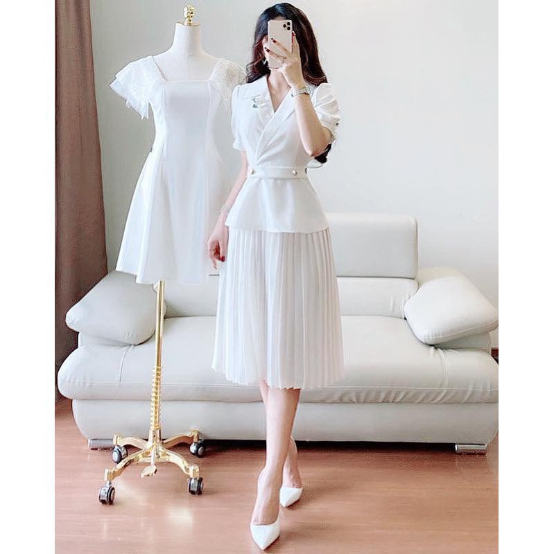 [ xả kho ] MiD Đầm trắng chân xếp li dáng dài V1213 Mie Design kèm ảnh thật