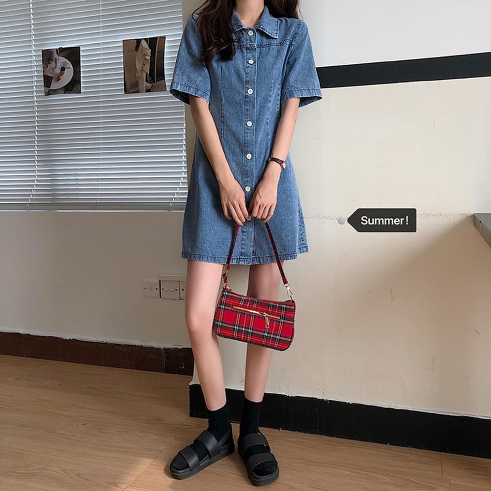 Đầm Denim Cổ Polo Tay Lỡ Phong Cách Hàn Quốc Dành Cho Nữ 34146