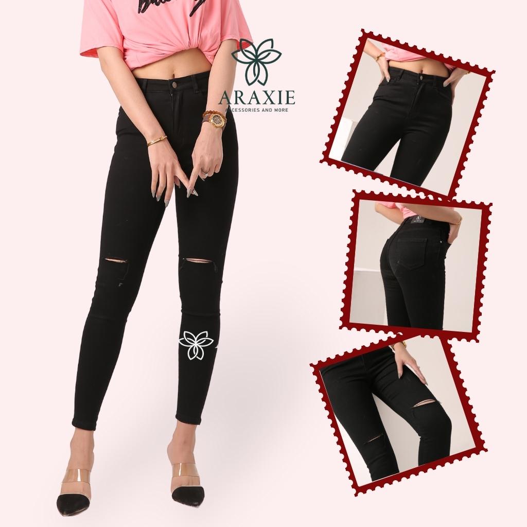 Quần jean nữ rách Araxie quần bò ôm cạp cao màu đen quần skinny jean nữ co giãn 4 chiều JASK-011