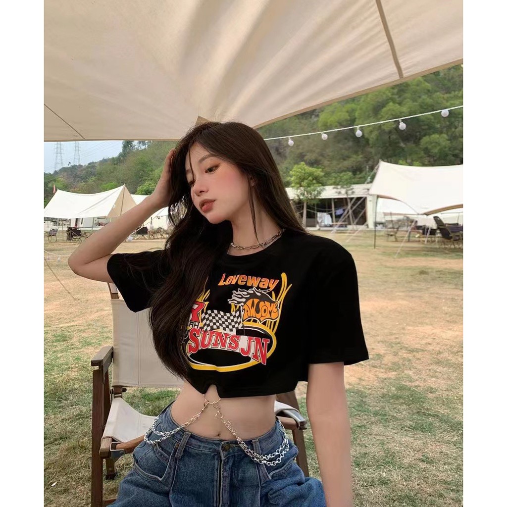 QKOOLE Áo thun ngắn nữ  ngắn tay in họa tiết phong cách Hàn Quốc