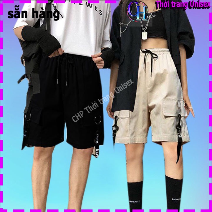[ SHORT 2021 ] QUẦN SỌT LỮNG NAM NỮ PHONG CÁCH TÚI HỘP PHỐI DÂY CHẤT KAKI MÀU ĐEN KEM