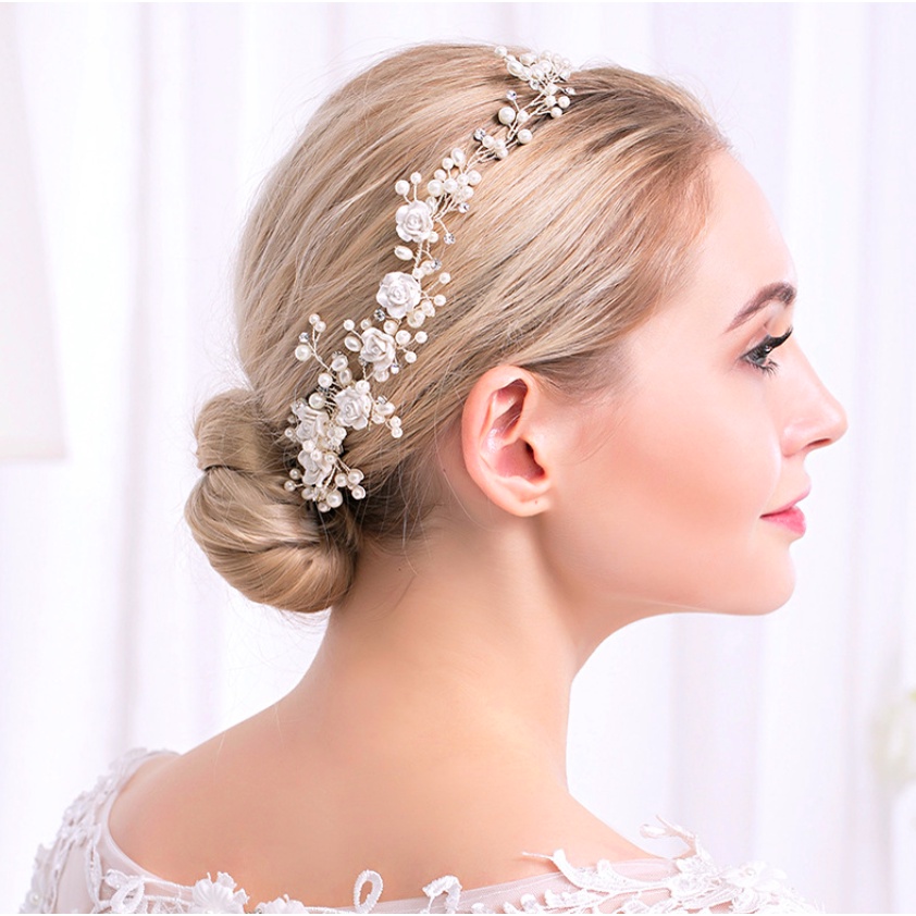 Phụ kiện cài tóc cô dâu hoa gốm sứ đính ngọc trai nhân tạo và đá zircon phong cách hàn quốc sang trọng