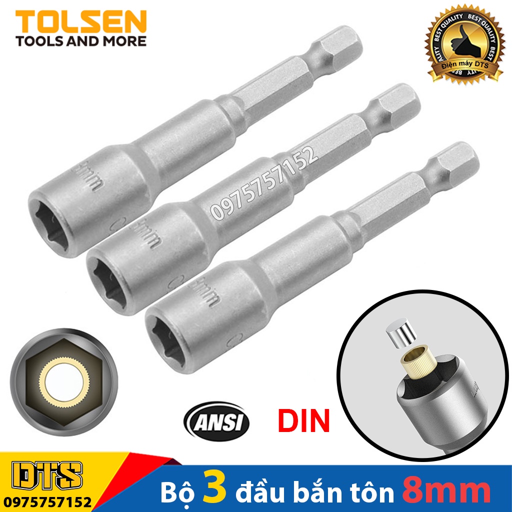 Bộ 3 đầu bắn tôn công nghiệp TOLSEN 8mm, đầu chụp đầu bắn bulong có nam châm hút dài 65mm hàng cao cấp, đầu vít bắn tôn