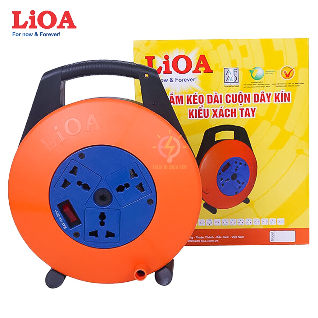 Ổ cắm kéo dài quay tay, kiểu xách tay LIOA, 3 ổ cắm, 1 công tắc, dây dài 10M, XTD10-2-10A