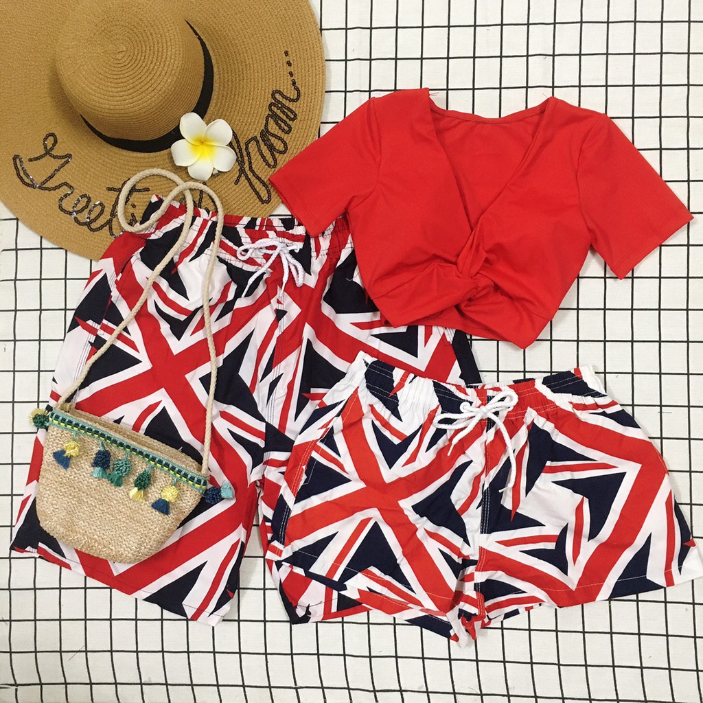 SET COUPLE, QUẦN ĐÔI ĐI BIỂN CỜ MỸ MIX TAY NGẮN ĐỎ -_