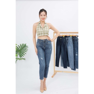 Quần Jean Nữ Baggy dáng Boy, Co Dãn Có Túi, Xanh Nhạt, Quần Cạp Vừa Rách Nhẹ