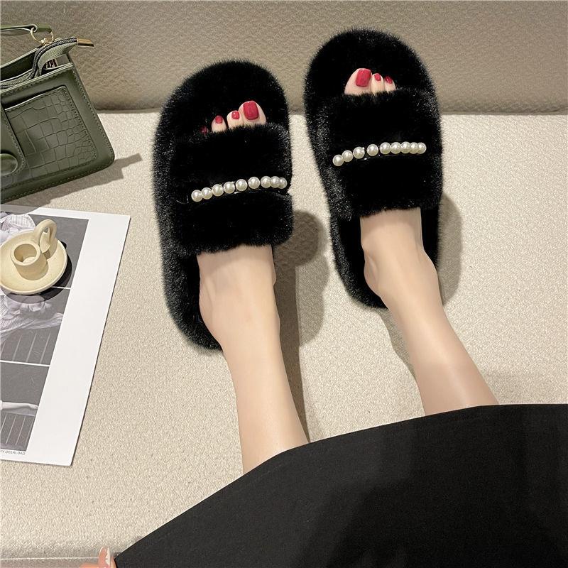 Dép bằng cotton đế bằng phối lông thời trang thu đông cho nữ