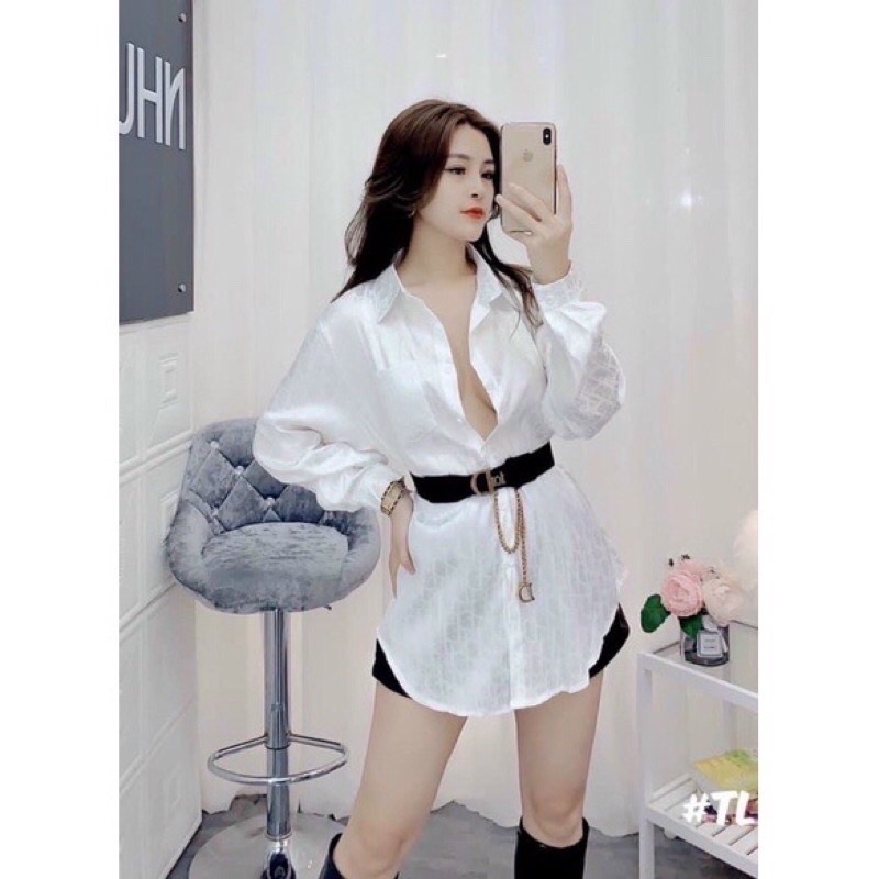 Áo sơ mi lụa gấm mềm hoạ tiết LV,2 túi trước siêu xinh- Áo sơ mi dài tay