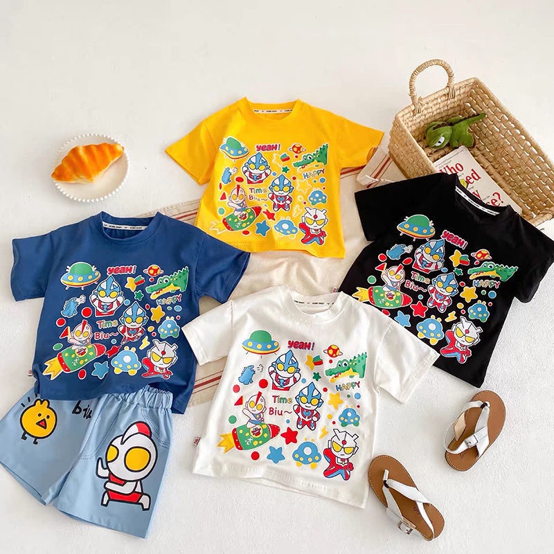 Áo Thun Cotton Tay Ngắn In Hoạt Hình Ultraman Dành Cho Bé Trai