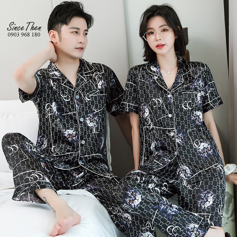 Đồ ngủ đôi lụa hình mèo màu đen cao cấp, Pyjama đôi nam nữ đẹp - Since Then