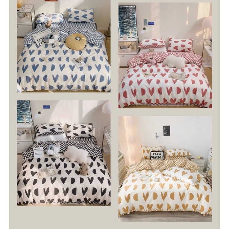 Set Bộ Vỏ Chăn Ga Cotton Poly Hoạ Tiết tim khuyêt 4 tone màu, Đủ size ga giường