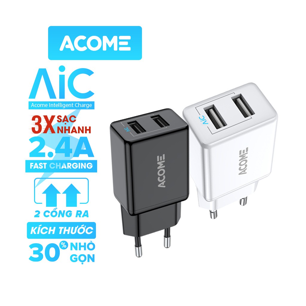 Củ sạc ACOME AC03 12W -2.4A - 2 Cổng USB Sạc Nhanh - BẢO HÀNH 12 tháng , lỗi 1 đổi 1