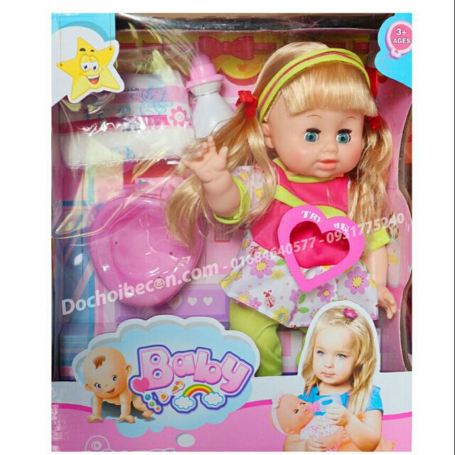 Búp bê Baby Doll 9099 Mái ngang nơ – Dùng pin, có âm thanh, uống nước, đi vệ sinh, mắt nhắm mở