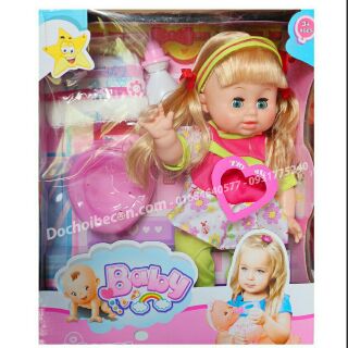 Búp bê Baby Doll 9099 Mái ngang nơ – Dùng pin, có âm thanh, uống nước, đi vệ sinh, mắt nhắm mở