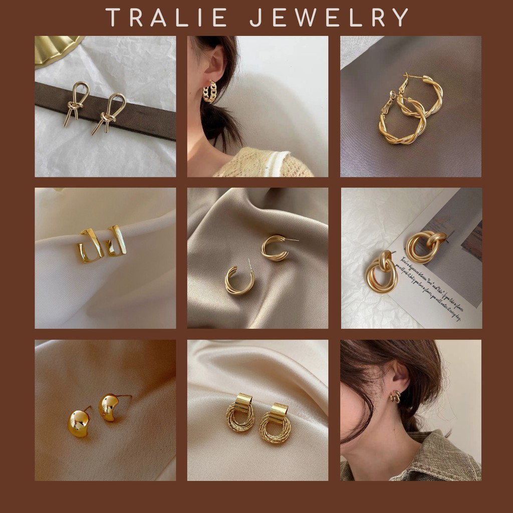 Khuyên tai Hàn Quốc nữ, Bông tai mạ vàng trẻ trung sành điệu thời trang cá tính giá rẻ Tralie Jewelry, Chuôi bạc 925