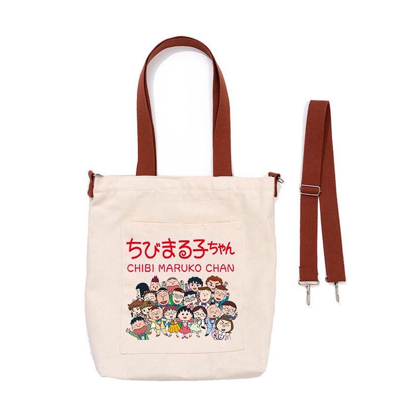 Chibi Túi Đeo Chéo Vải canvas Có Khóa Kéo Họa Tiết Hoạt Hình maruko Dễ Thương