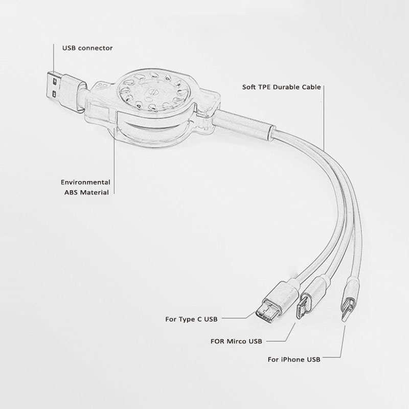 Cáp Sạc Dạng Dây Rút 3 Trong 1 Dài 120cm Cho Iphone & Micro Usb