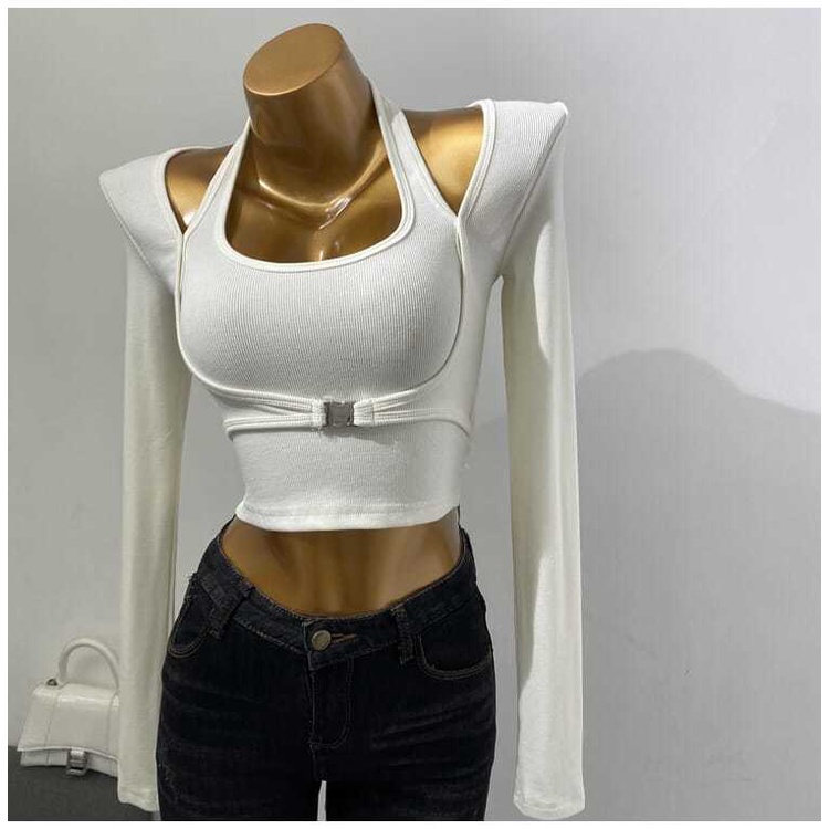 Bán Chạy!Áo Thun Ngắn Tay Dài Giả Hai Lớp Cài Nút Kim Loại Dáng Ôm Thời Trang Mùa Thu 2022