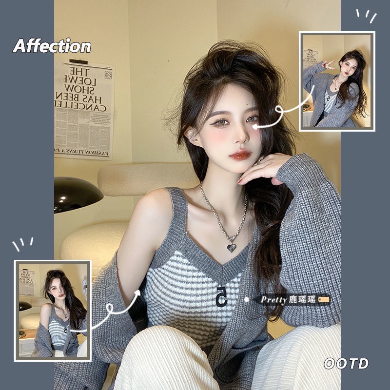 COZOK Set Áo Khoác Cardigan Dệt Kim + Áo Hai Dây Màu Sắc Tương Phản Thời Trang