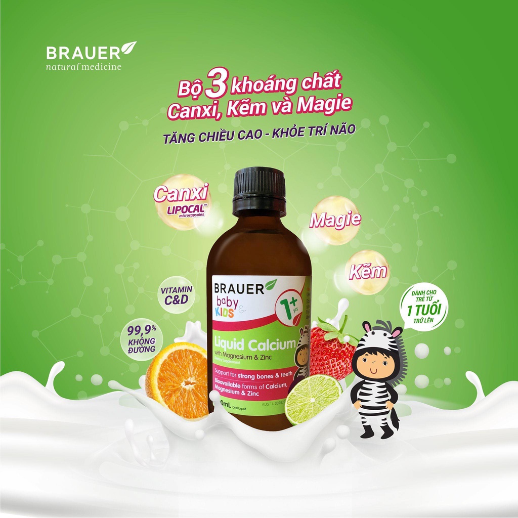 Siro bổ sung Canxi, Magie và Kẽm Brauer Baby &amp; Kids Liquid Calcium With Magnesium &amp; ZinC cho trẻ trên 1 tuổi (200ml)