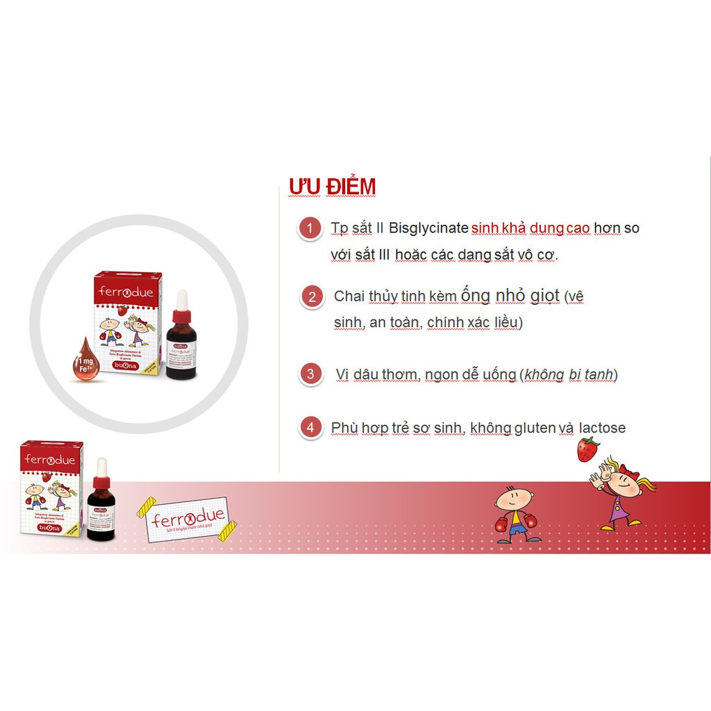 Buona Ferrodue - Bổ sung sắt hữu cơ và hỗ trợ giảm nguy cơ thiểu máu cho trẻ sơ sinh và trẻ nhỏ (15ml)
