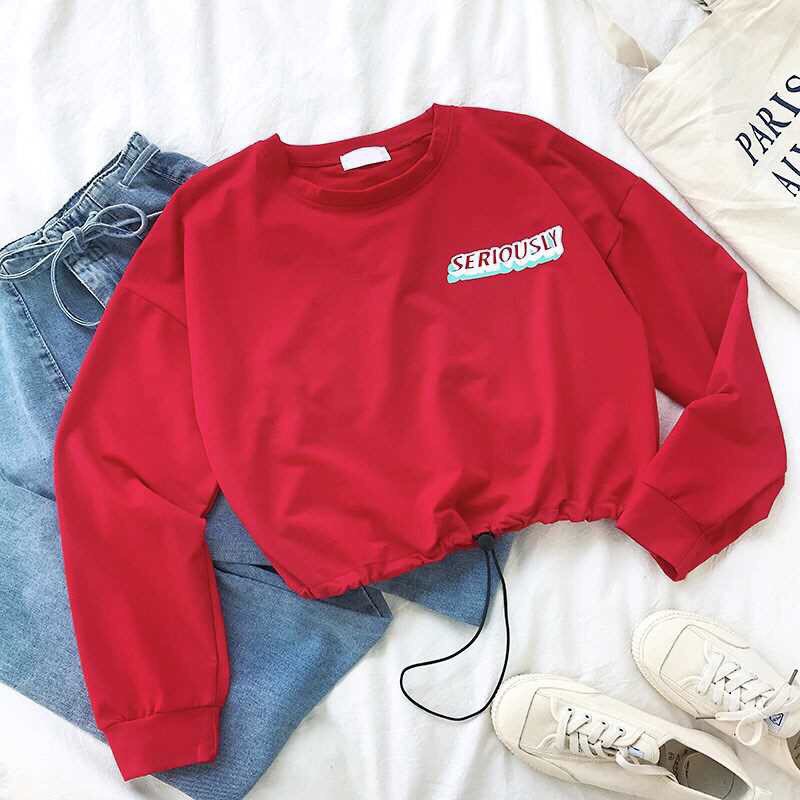 Áo Thun Tay Dài Form Croptop Phối Dây Rút Eo In Chữ SERIOULY Cá Tính TTSL0086