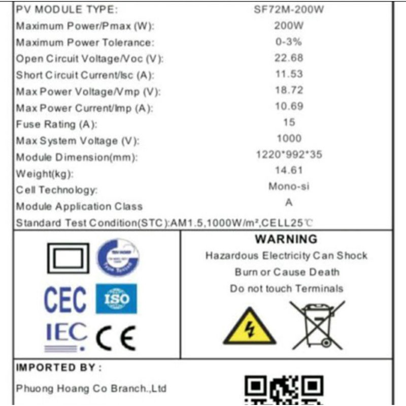 Tấm pin năng lượng mặt trời công suất cao 200w( được tặng kèm jack MC4)