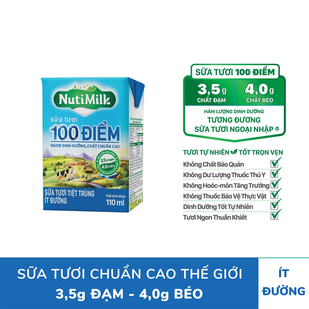 [BÉ KHỎE BÉ ĐẸP] 1 Thùng/48 Hộp NUTIMILK Sữa Tươi Tiệt Trùng 100 Điểm 110mL Không đường/ ít đường/ Có đường/ Đường Đen