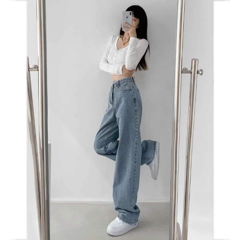 Quần bò suông cạp khuy lệch