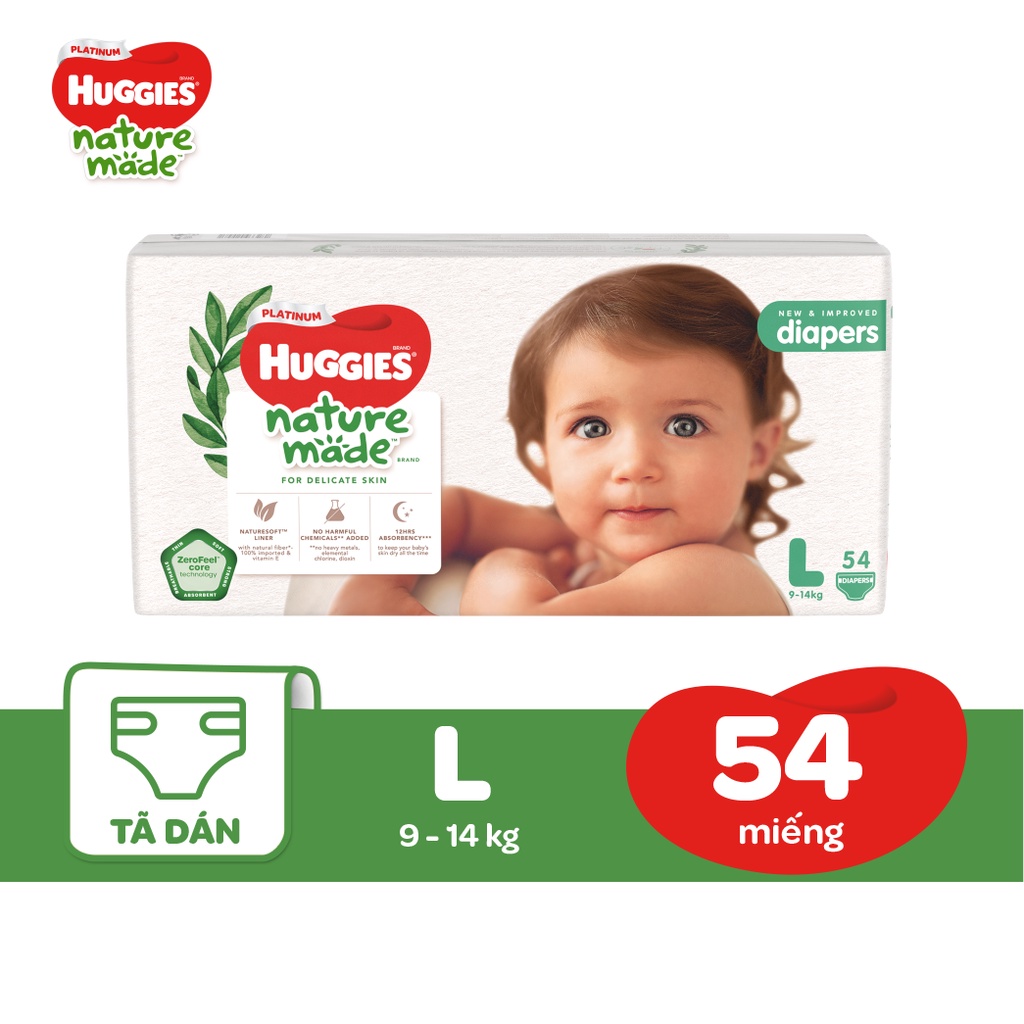 Tã Dán Huggies Platinum Nature Made Size NB60/S82/M64/L54/XL44/XXL36