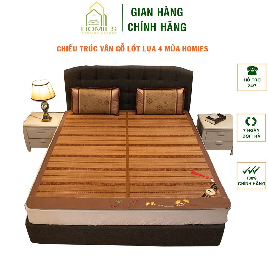 Chiếu trúc vân gỗ HOMIES mặt sau lót lụa in hoa, loại dày đẹp cho mùa hè mát lạnh - nhiều kích thước