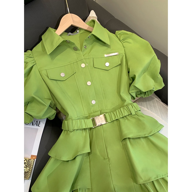 Bộ Áo Liền Quần Ngắn Tay Lưng Cao Nhún Bèo Màu Xanh Bơ Thời Trang Mùa Hè Xinh Xắn Cho Nữ