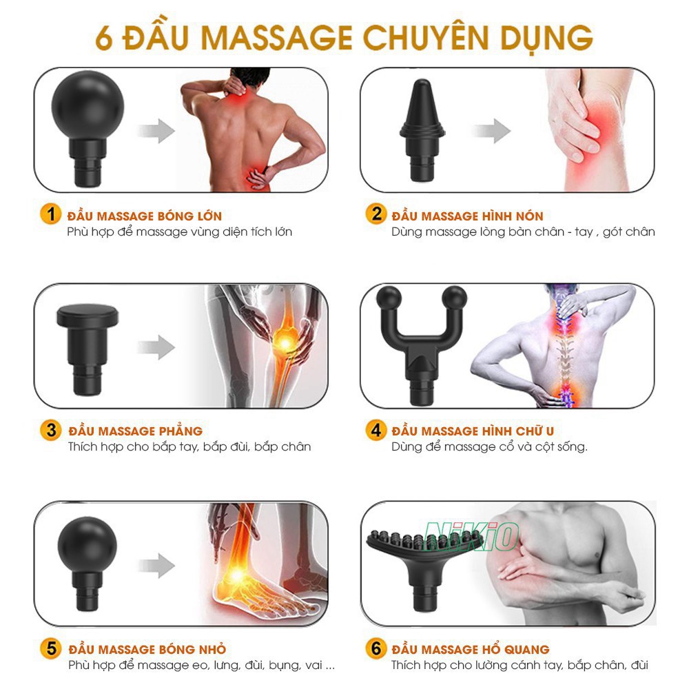 Máy massage cầm tay gun 6 chế độ, 4 đầu xoa bóp giảm đau cơ hiệu quả l Súng mát xa cầm tay không dây, tích điện dùng 5H