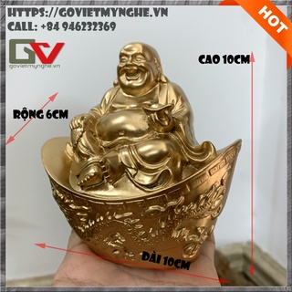 Tượng phật Di Lặc phong thủy trang trí bàn làm việc Phật Di Lặc ngồi trên thỏi vàng cầu tài lộc - Nhũ đồng
