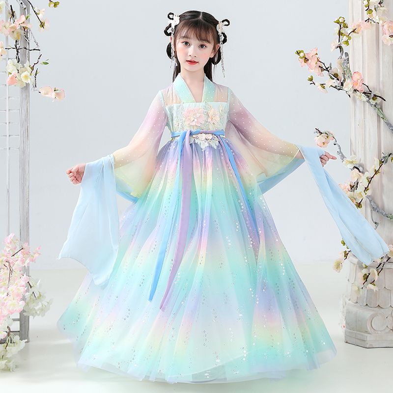 Bộ Hán Phục Tay Dài In Họa Tiết Hoa Anh Đào Xinh Xắn Thời Trang Xuân Thu Phong Cách Trung Hoa Cho Bé Gái Từ 10-12 Tuổi