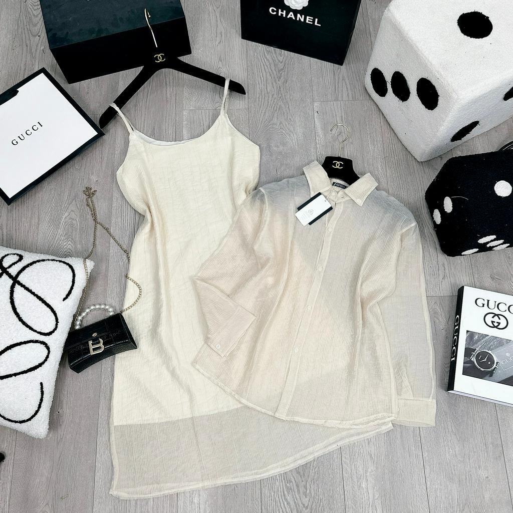 Set Váy Nữ Áo Sơ Mi Nữ Tơ Sọc Kèm Váy 2 Dây Nữ Trơn Dáng Dài Có Lớp Lót Freesize