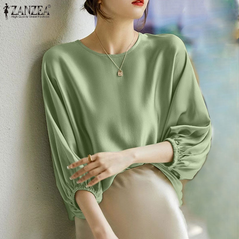 Áo kiểu ZANZEA vải satin tay 3/ 4 cổ tròn cài nút sau lưng thời trang cho nữ