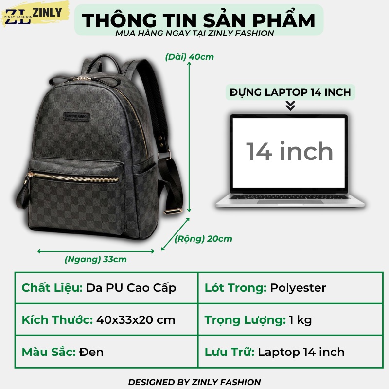 Balo da thời trang nam nữ balo lv da PU cao cấp chống nước cặp đi học đi chơi ulzzang balo đựng laptop 14 inh - ZINLY