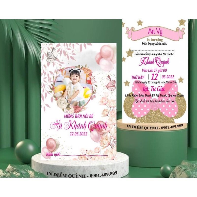 Thiệp thôi nôi sinh nhật in hình bé. Giấy giày in kỹ thuật số